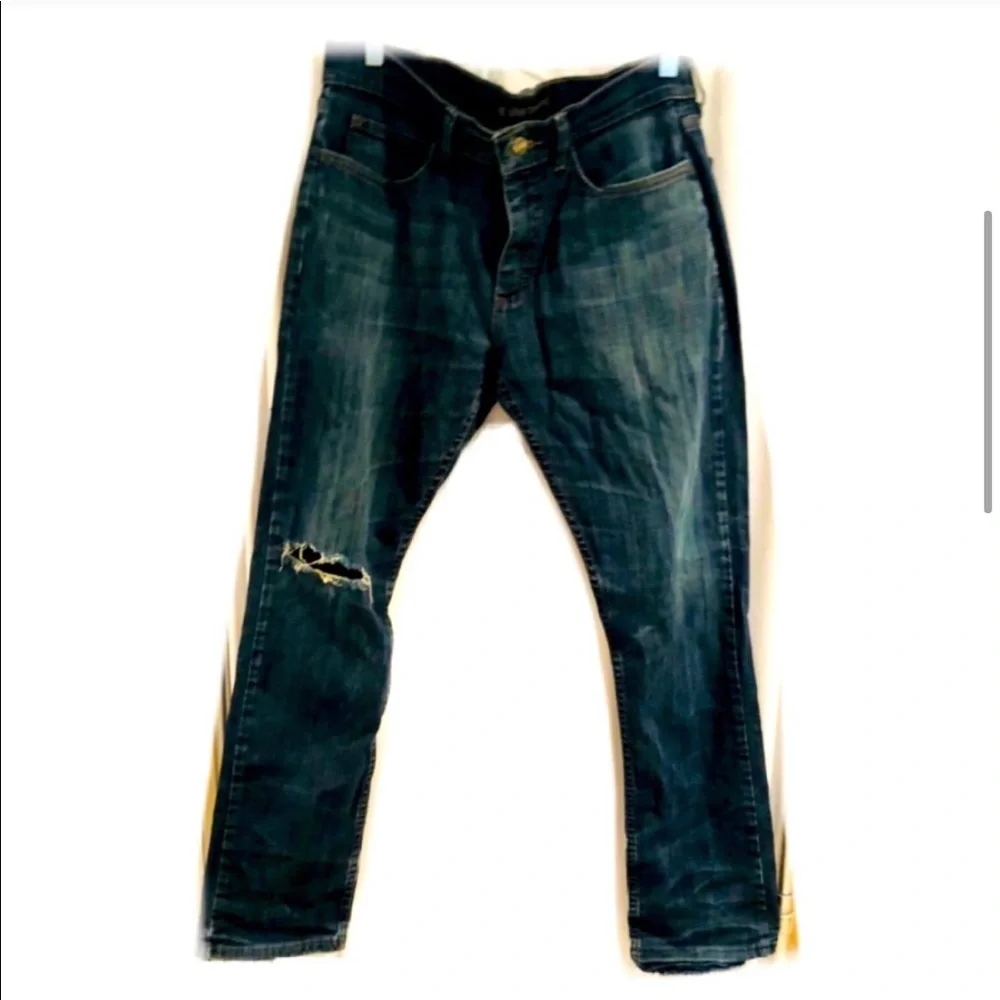 Lee Dungarees Men’s Slim Taper Jeans 32x30 Dark Wash Distressed Knee EUC